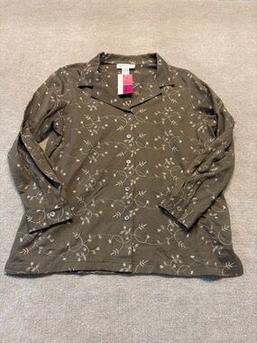 Cathy Daniels Brown Embroidered Button Up Blouse NWT Size Large 0812